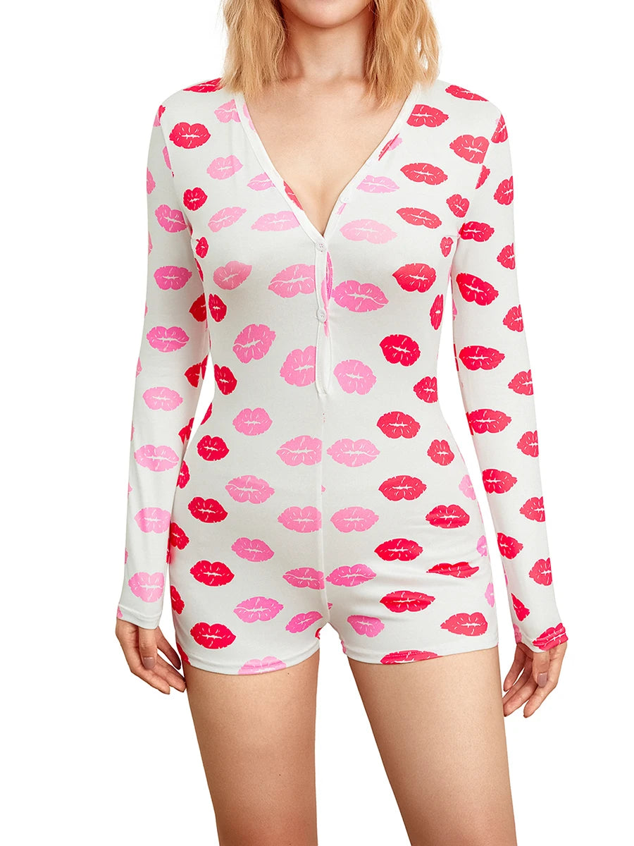 SleepFlick™ – Butt Flap V-Neck Pajama Romper (Playful, Cozy & Lounge-Friendly)