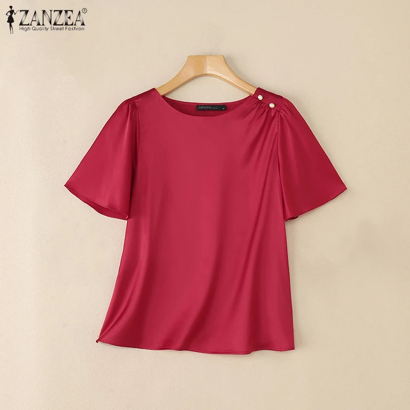 Women Satin Office Short Sleeve Blouse