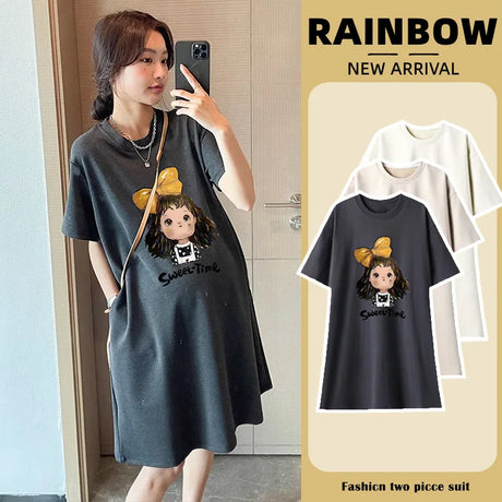 Sweet Casual Maternity T-Shirt Dress featuring cartoon design, available in multiple colors, perfect for summer wear.