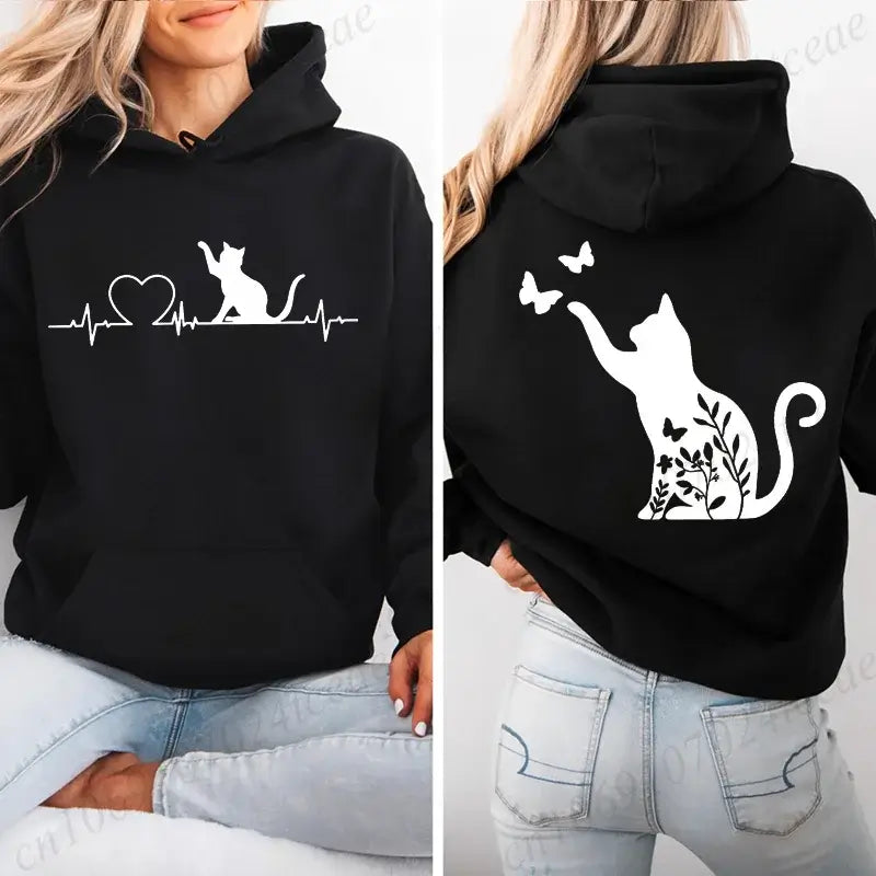 Women Cat Heartbeat Print Hoodie Streetwear Pullover