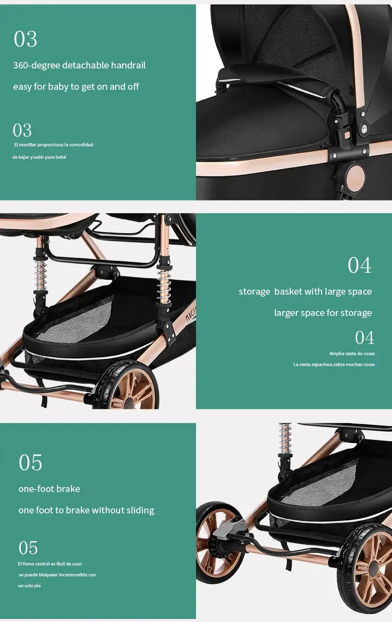 Features of 3-in-1 baby stroller, showcasing detachable handrail, large storage basket, and one-foot brake.