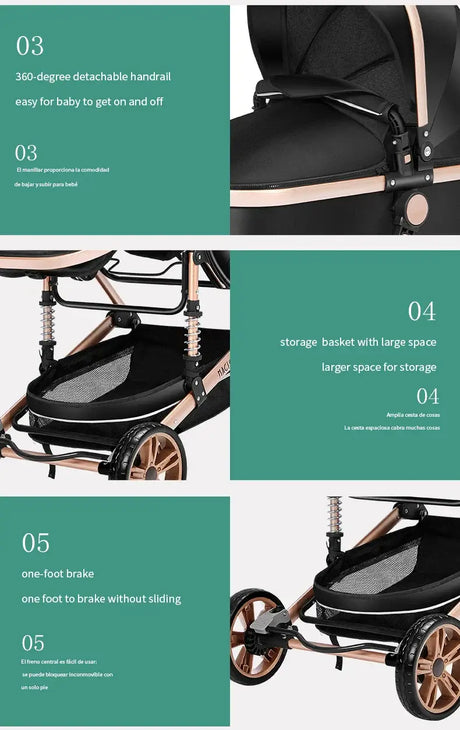 Features of 3-in-1 baby stroller, showcasing detachable handrail, large storage basket, and one-foot brake.