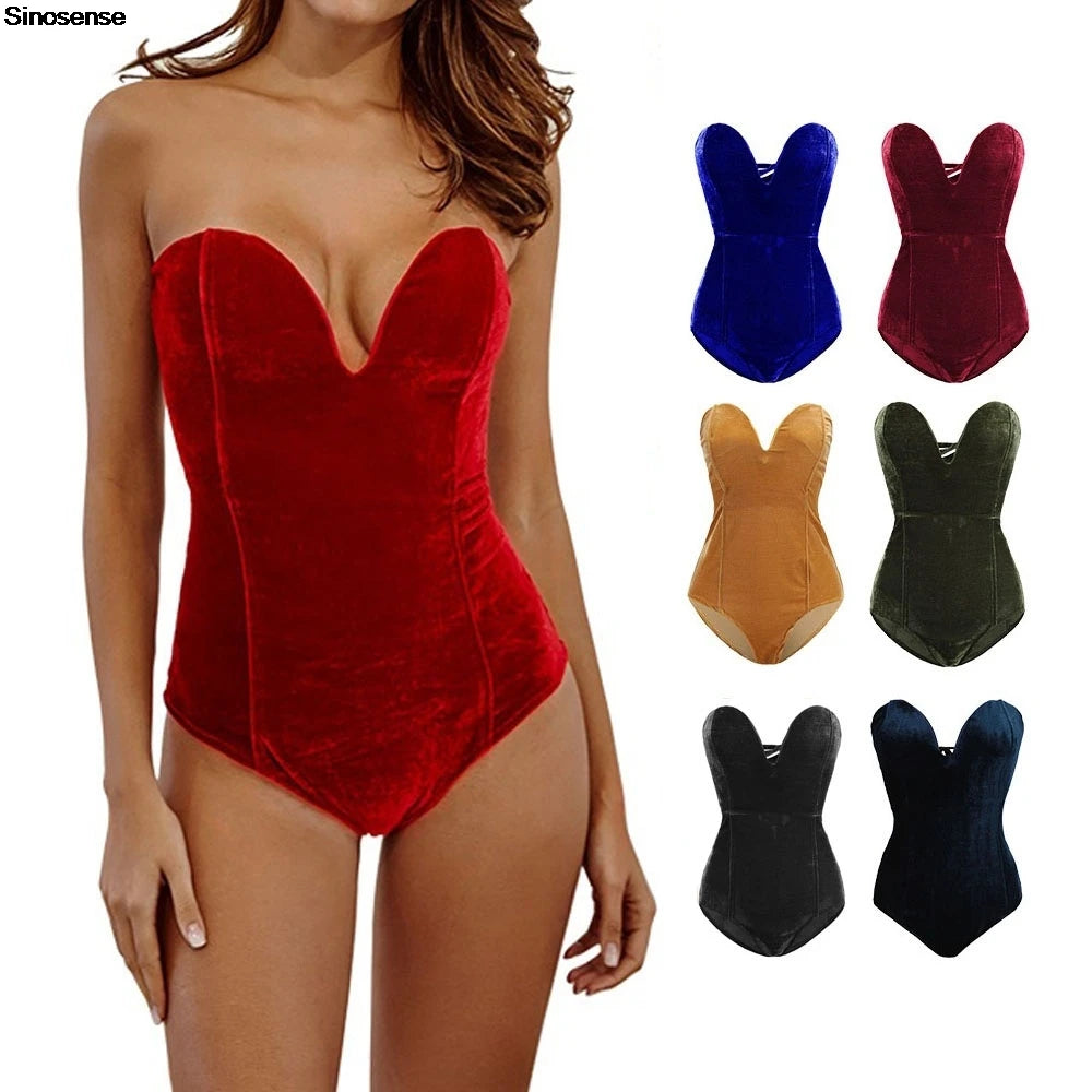 Women in velvet strapless lace-up bodysuit nightwear, showcasing five color options: red, blue, green, brown, and black.