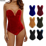 Women in velvet strapless lace-up bodysuit nightwear, showcasing five color options: red, blue, green, brown, and black.