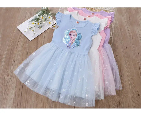Girls summer princess dresses featuring Elsa design, knee-length, available in blue, pink, and white.