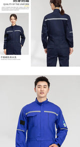 Anti-static flame-resistant welding suit in navy blue and blue, showcasing front and back view, designed for safety and comfort.