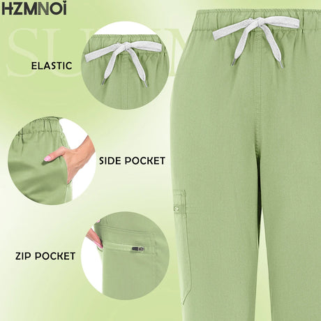 Multicolor pet clinic scrub pants showcasing elastic waist, side pocket, and zip pocket details.