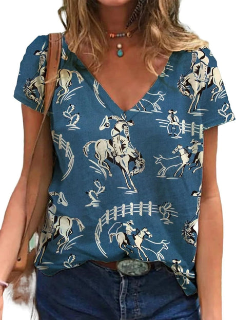 Western Cowgirl Graphic T-Shirt featuring a blue floral pattern and V-neck design, perfect for casual wear.