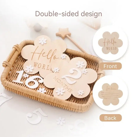 Wooden baby flower-shaped milestone cards, double-sided design for tracking age, in a woven basket.