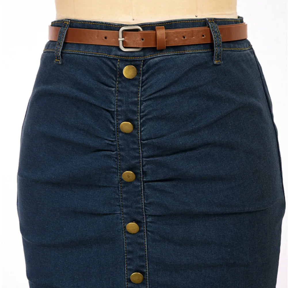 BuckleCurve™ – Ruched Belt Bodycon Skirt (High Waist Retro Denim)
