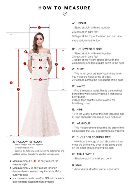 Measuring guide for wedding dress fitting with detailed instructions and labeled points.
