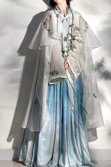 Women’s Fairy Hanfu summer costume showcasing a delicate blue dress and floral cape perfect for cosplay.
