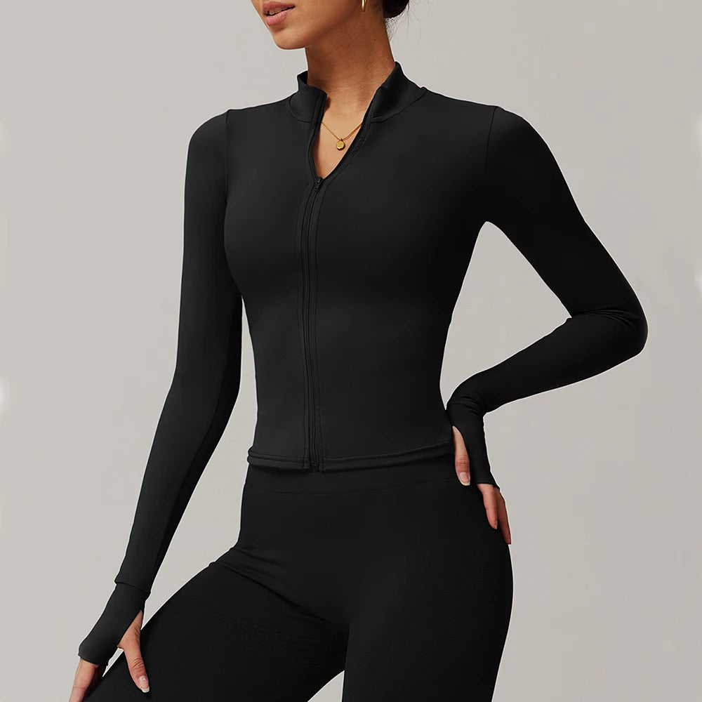 Women's Zip Long Sleeve Yoga Jacket – Slim Fit Gym Training Top