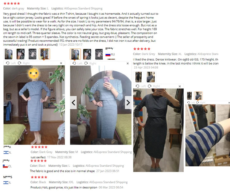 Customer reviews and images of the postpartum nursing maternity dress in grey stripe, showcasing fit and style.
