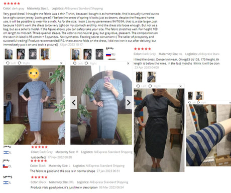 Customer reviews and images of the postpartum nursing maternity dress in grey stripe, showcasing fit and style.