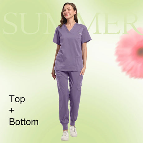 Model wearing multicolor scrub set featuring short sleeve top and pants in purple, designed for women in medical fields.