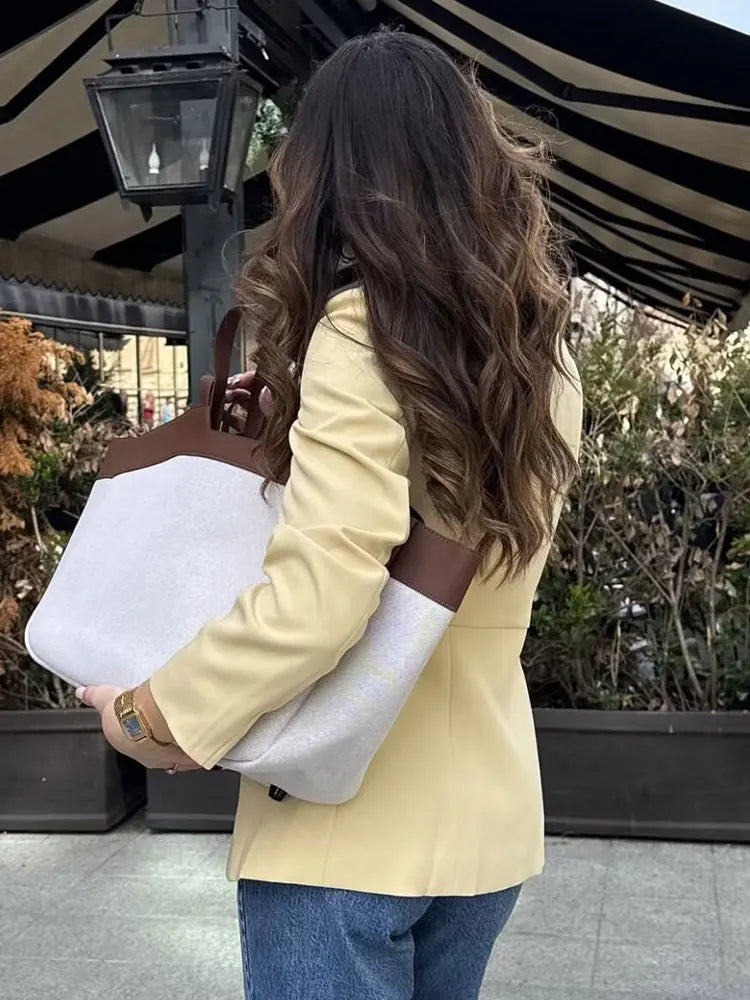 Elegant Yellow O-Neck Blazer Coat