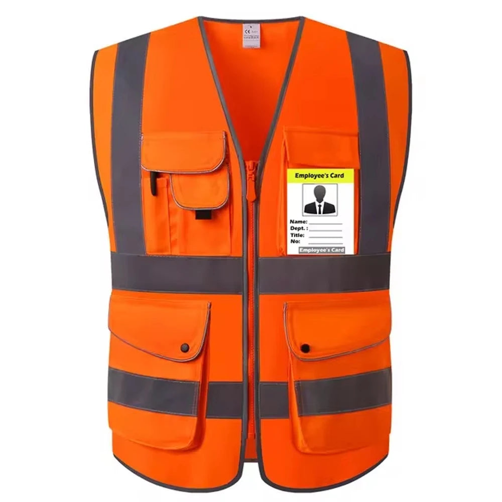 Hi-Vis orange safety vest with multiple pockets and reflective stripes for visibility in construction and traffic work.