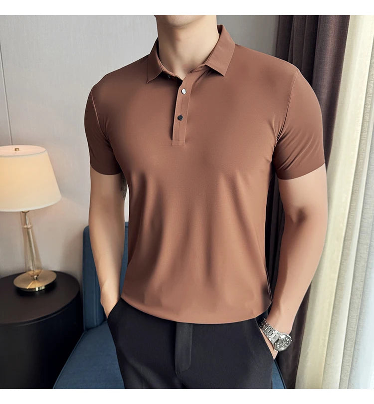 Men Ice Silk Polo Shirt Brown Top