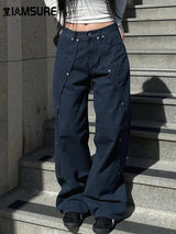 Women Low-Waist Rivet Wide Jeans