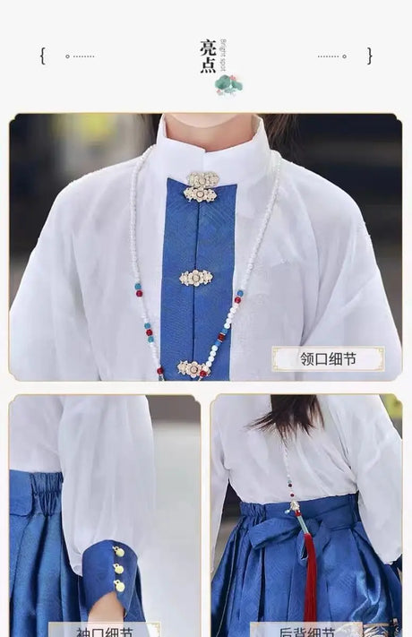 Close-up of a Summer Hanfu girls dress featuring an embroidered skirt, delicate details, and a blue and white color scheme.