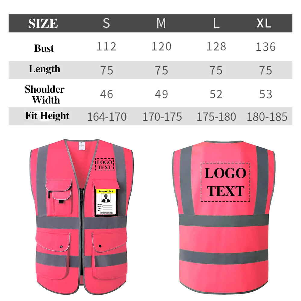Size chart for Hi-Vis Pink Safety Vest showing dimensions for S, M, L, and XL with pockets for utility.