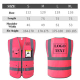 Size chart for Hi-Vis Pink Safety Vest showing dimensions for S, M, L, and XL with pockets for utility.
