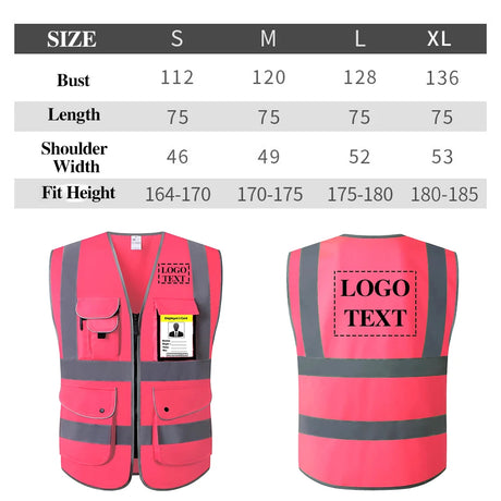 Size chart for Hi-Vis Pink Safety Vest showing dimensions for S, M, L, and XL with pockets for utility.