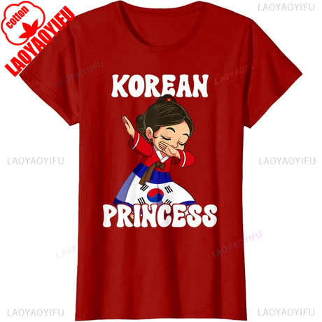 Korean Princess Cotton T-Shirt in red featuring a playful cartoon design, perfect for women who love stylish vintage tops.
