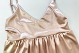 Ruffle strap V-neck backless crop top in soft peach satin fabric, perfect for summer outings and club wear.