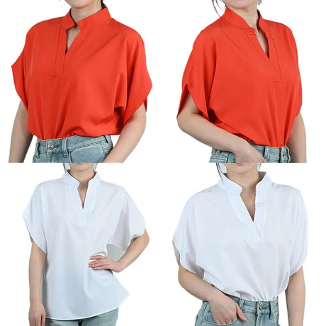 FlareFemme™ v-neck summer blouse in red and white with short flare sleeves, perfect for middle-aged women.
