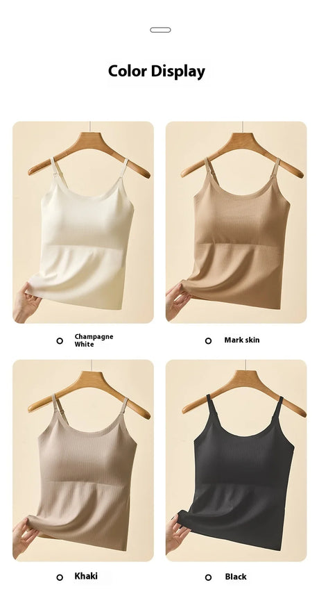 Color display of BraChic™ Ice Silk Cami featuring Champagne White, Mark Skin, Khaki, and Black options.