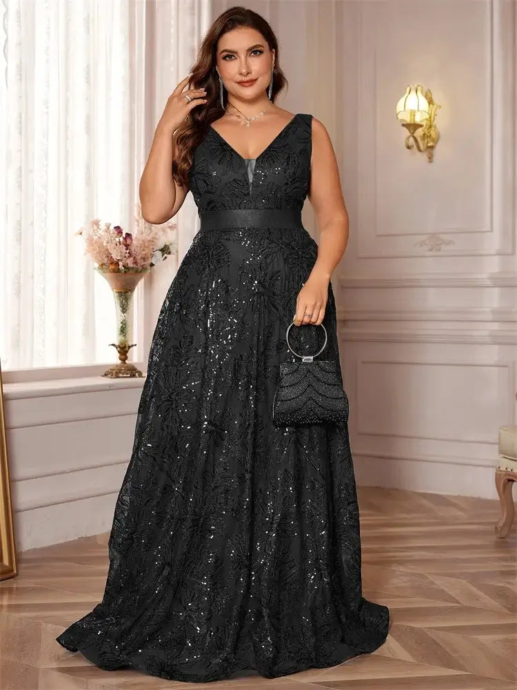 Women Plus Size V-Back Sequin Evening Cocktail Dress