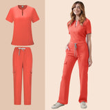 Women’s coral medical scrub set featuring a pocket top and matching pants, perfect for healthcare professionals.