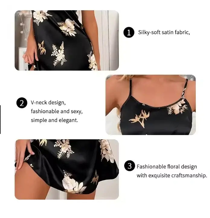 Women Black Floral Satin Nightdress Casual Sleep Shirt