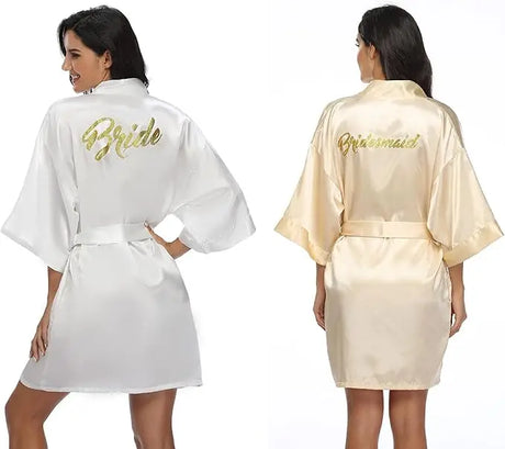 6-piece satin bridal shower robe set featuring Bride and Bridesmaid robes in elegant styles.