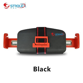 Strolex black portable baby car seat with red fastening, designed for safety and comfort in vehicles.