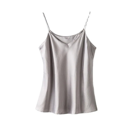 Double-layer mulberry silk camisole in soft gray, featuring a sexy V-neck design for summer casual wear.