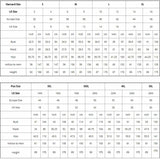 Size chart for standard and plus sizes including bust, waist, hips, and height measurements.