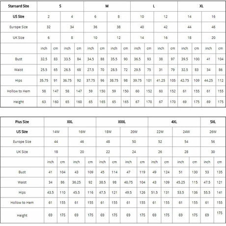 Size chart for standard and plus sizes including bust, waist, hips, and height measurements.