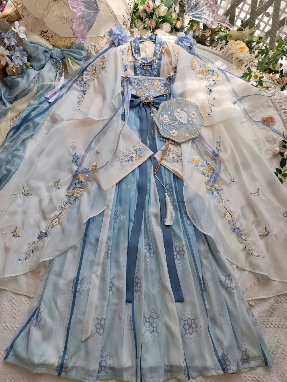 Women’s Fairy Hanfu in blue featuring intricate embroidery, perfect for summer costume parties and dance performances.