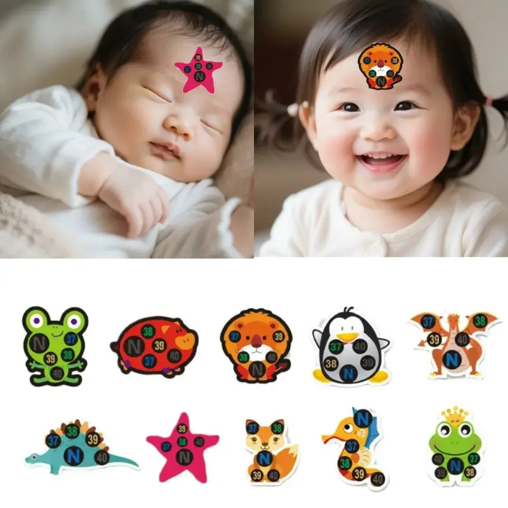 Reusable child forehead temperature stickers in use on babies and toddlers, featuring colorful animal designs.