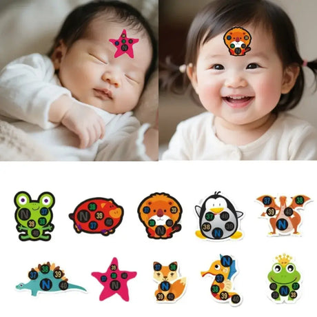 Reusable child forehead temperature stickers in use on babies and toddlers, featuring colorful animal designs.
