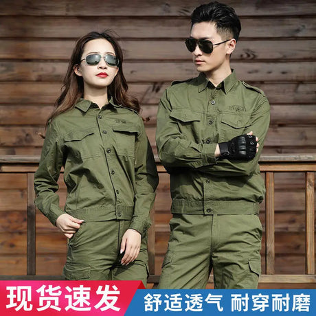Summer cotton green work suit for welding protection, featuring durable design and safety for outdoor tasks.