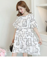 Loose Korean cartoon cat maternity dress in white with playful cat print, ideal for summer wear.