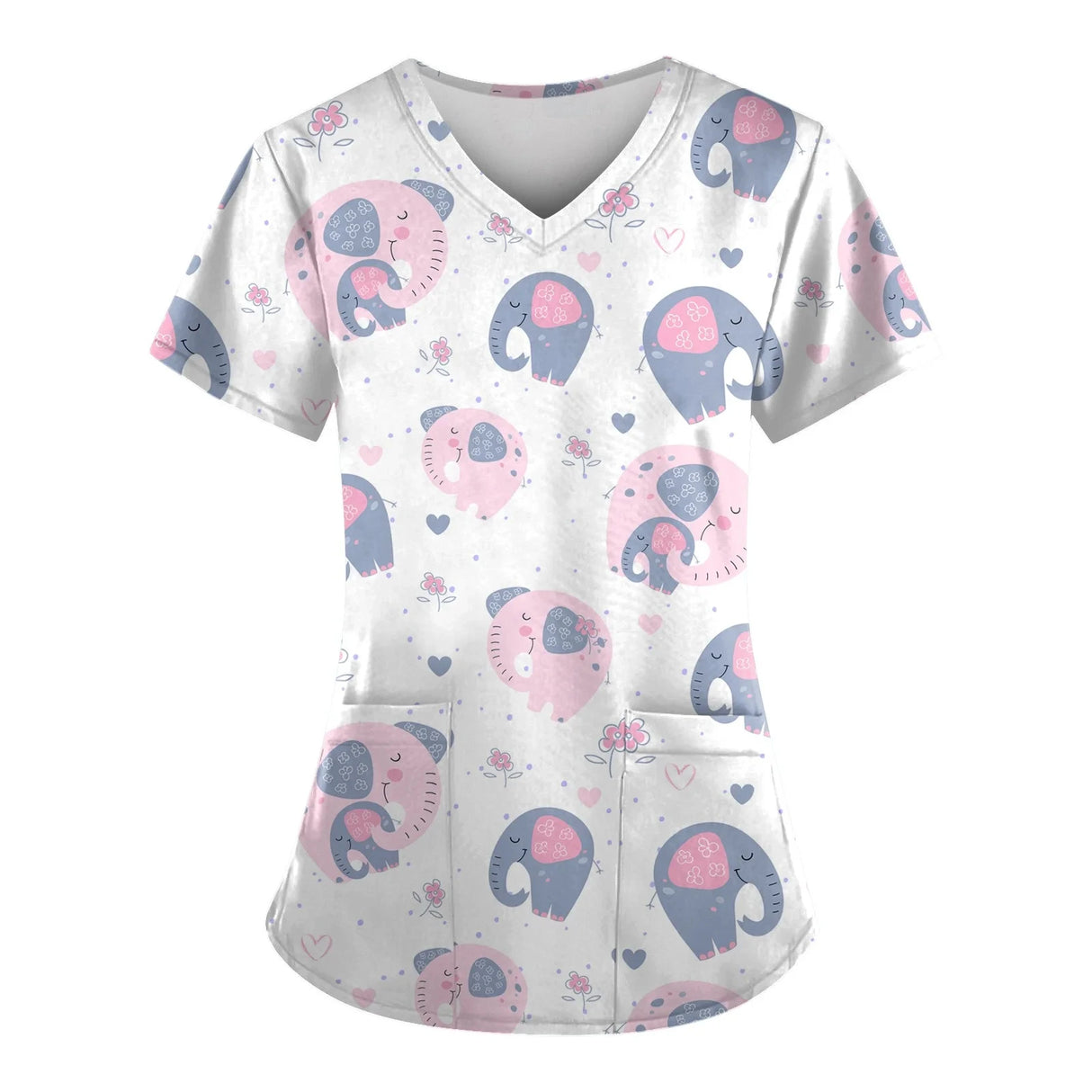 Cute elephant print scrub top for women, perfect for veterinary nurses and medical professionals.