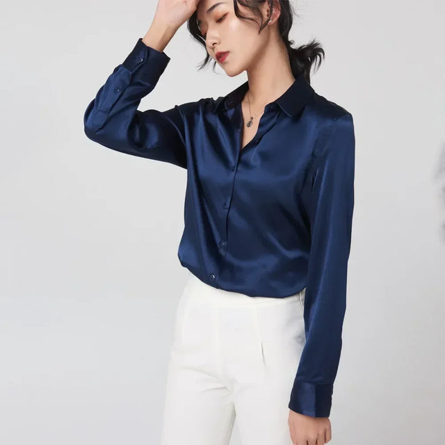 SatinGrace™ long sleeve silk shirt in navy, featuring a V-neck and loose fit, ideal for a premium chic look.