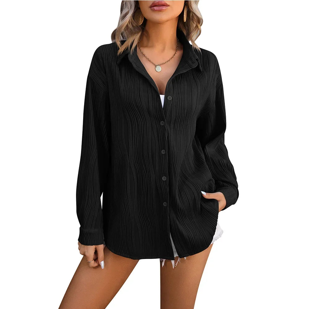 HarajukuMuse™ women's casual blouse in black with long sleeves, button closure, and turn-down collar.