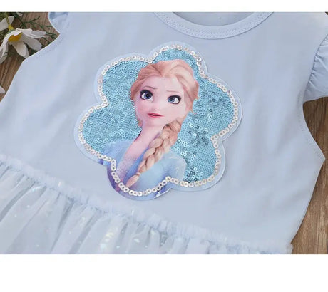 Girls summer dress featuring a blue sequin Elsa design from Disney, perfect for ages 4-6.