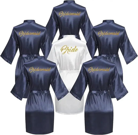 6-piece satin bridal shower robe set featuring one bride robe and five bridesmaid robes in navy blue.